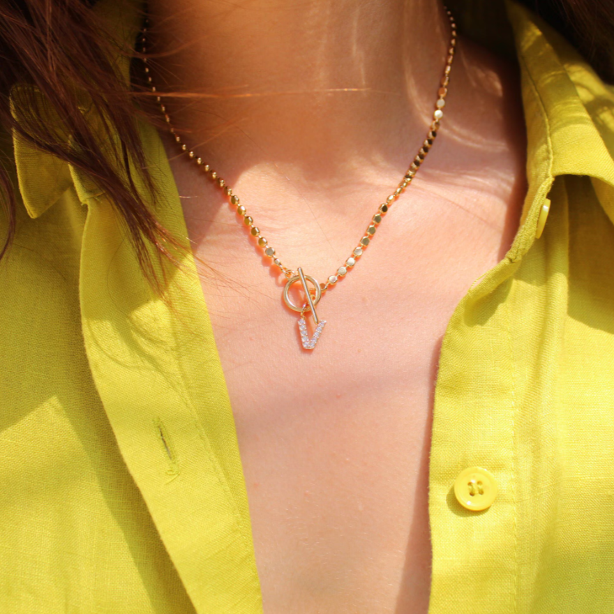 Views & Co. Pave Initial Pendant 3mm Disc Toggle Bar Necklace