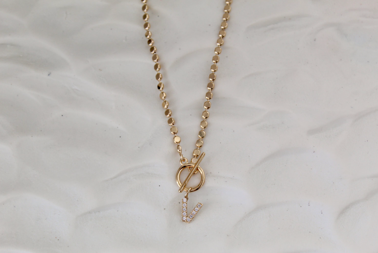 Views & Co. Pave Initial Pendant 3mm Disc Toggle Bar Necklace