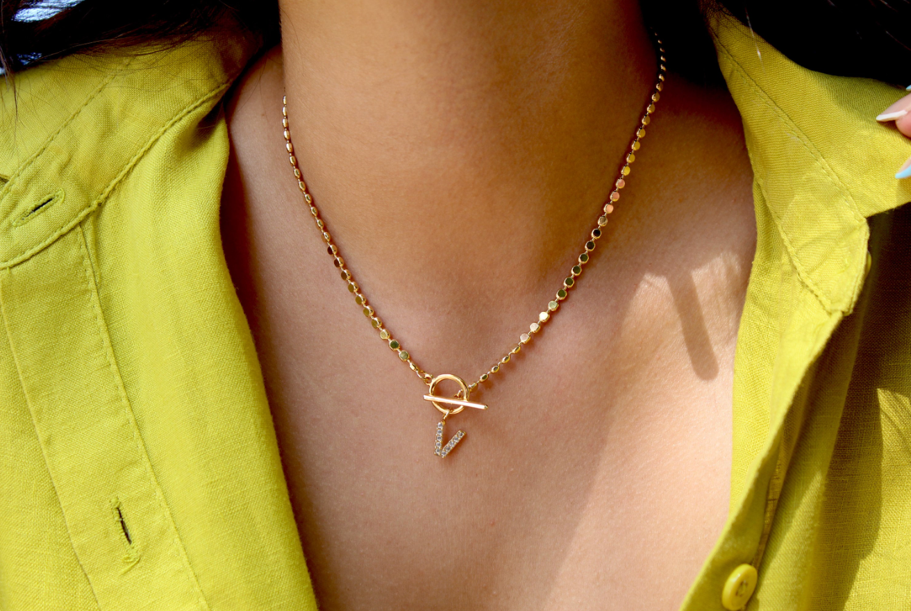 Views & Co. Pave Initial Pendant 3mm Disc Toggle Bar Necklace