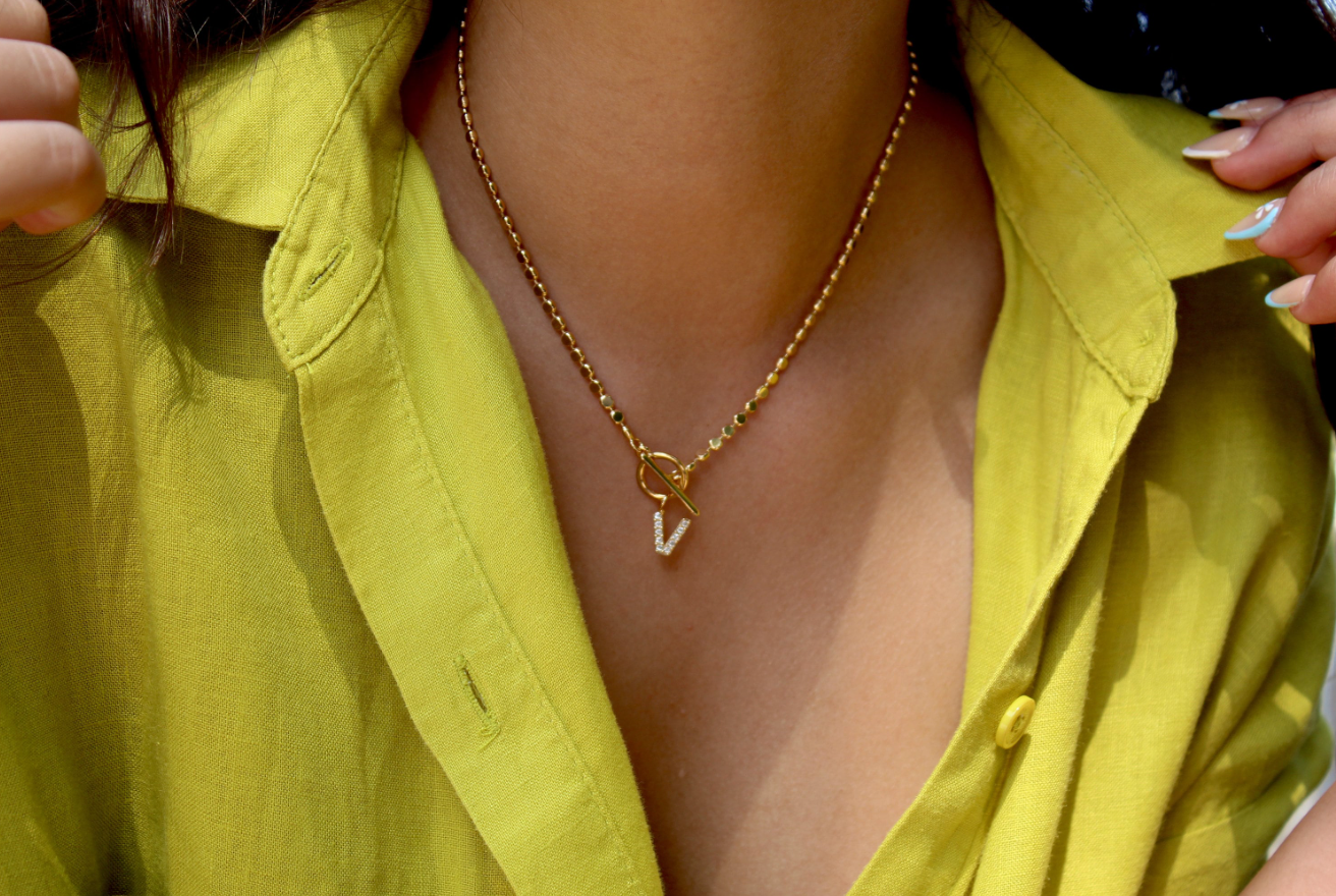 Views & Co. Pave Initial Pendant 3mm Disc Toggle Bar Necklace