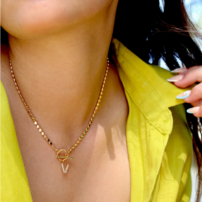 Views & Co. Pave Initial Pendant 3mm Disc Toggle Bar Necklace