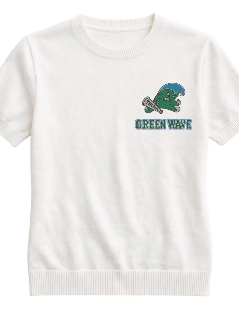 Tulane Small Green Wave Ivory Short Sleeve Sweater