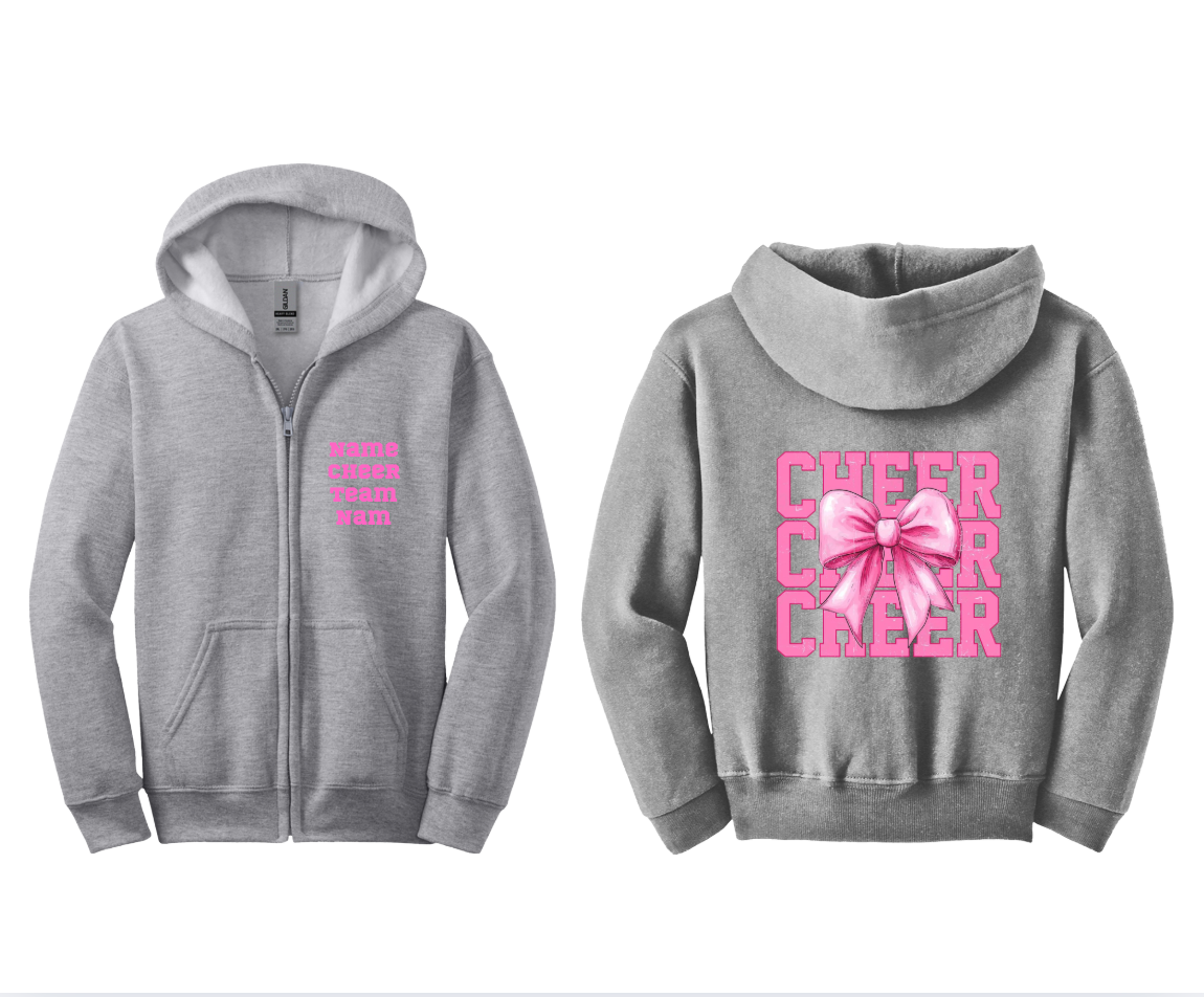 Customizable: Youth Cheerleader Pink Bow Full Zip Hoodie