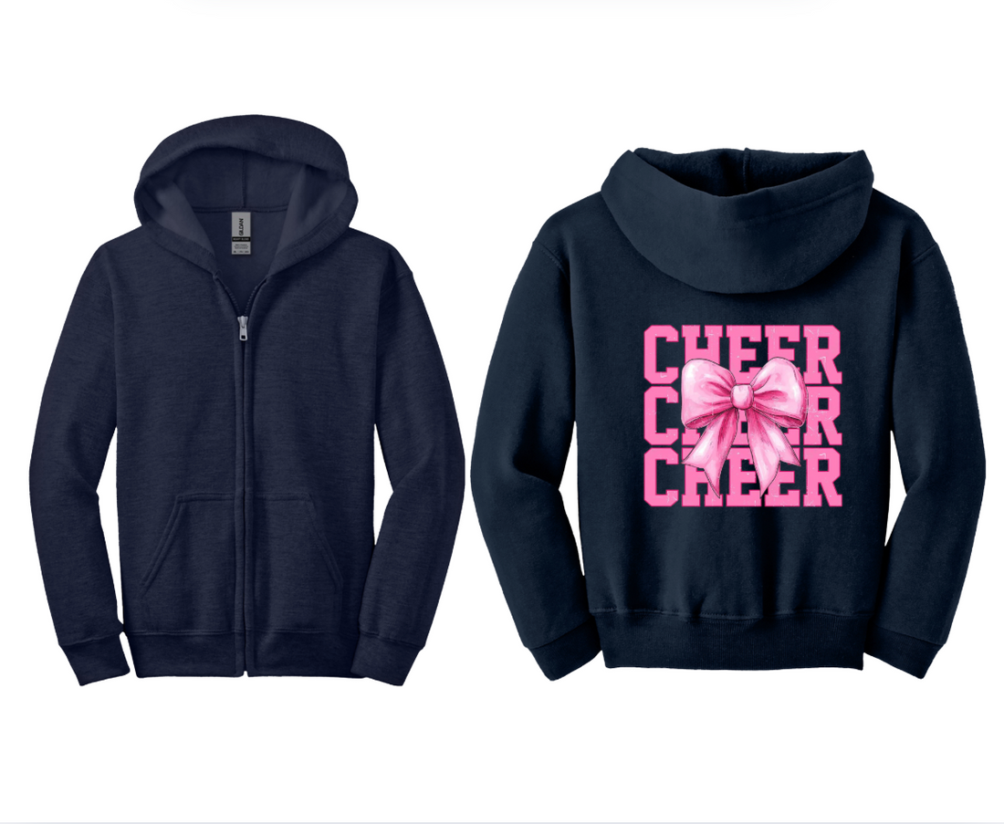 Customizable: Youth Cheerleader Pink Bow Full Zip Hoodie