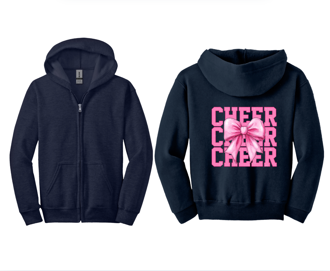 Customizable: Youth Cheerleader Pink Bow Full Zip Hoodie