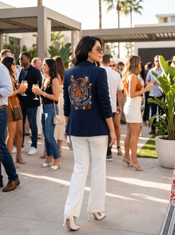 Tiger Head Navy Ruched Sleeve Blazer