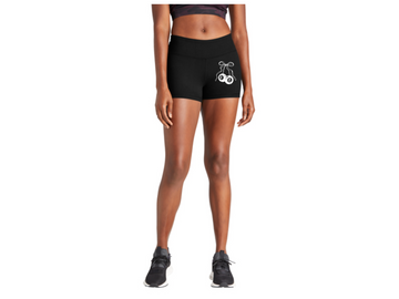 Person wearing black athletic shorts with a white logo on a white background