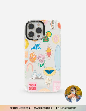 Phone case with colorful geometric designs on a white background