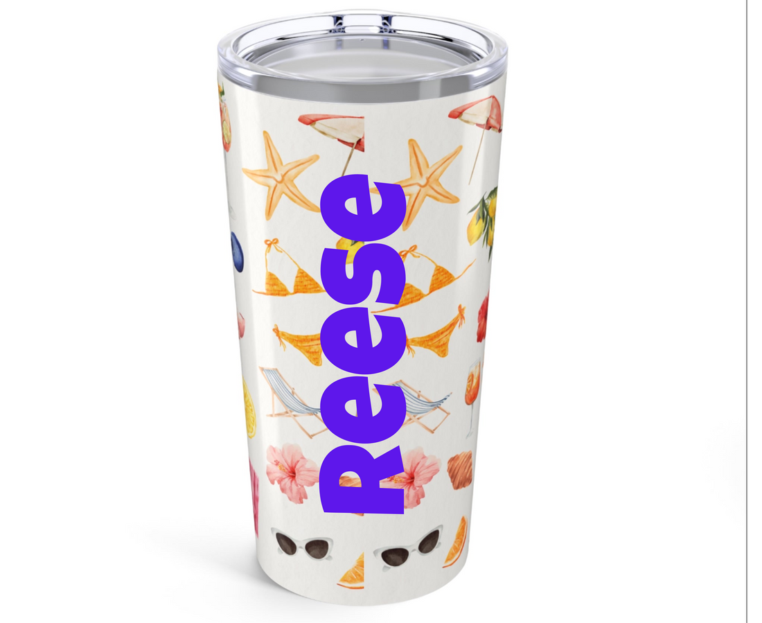 Tumbler with a summer-themed design featuring fruits, beach chairs, and umbrellas on a white background.