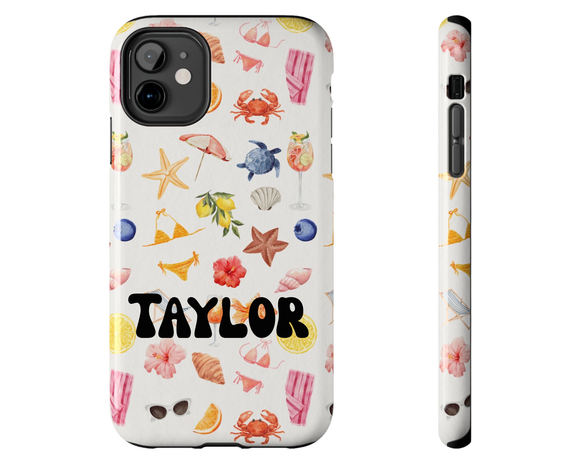 Phone case with summer-themed design featuring fruits, flowers, and beach items on a white background