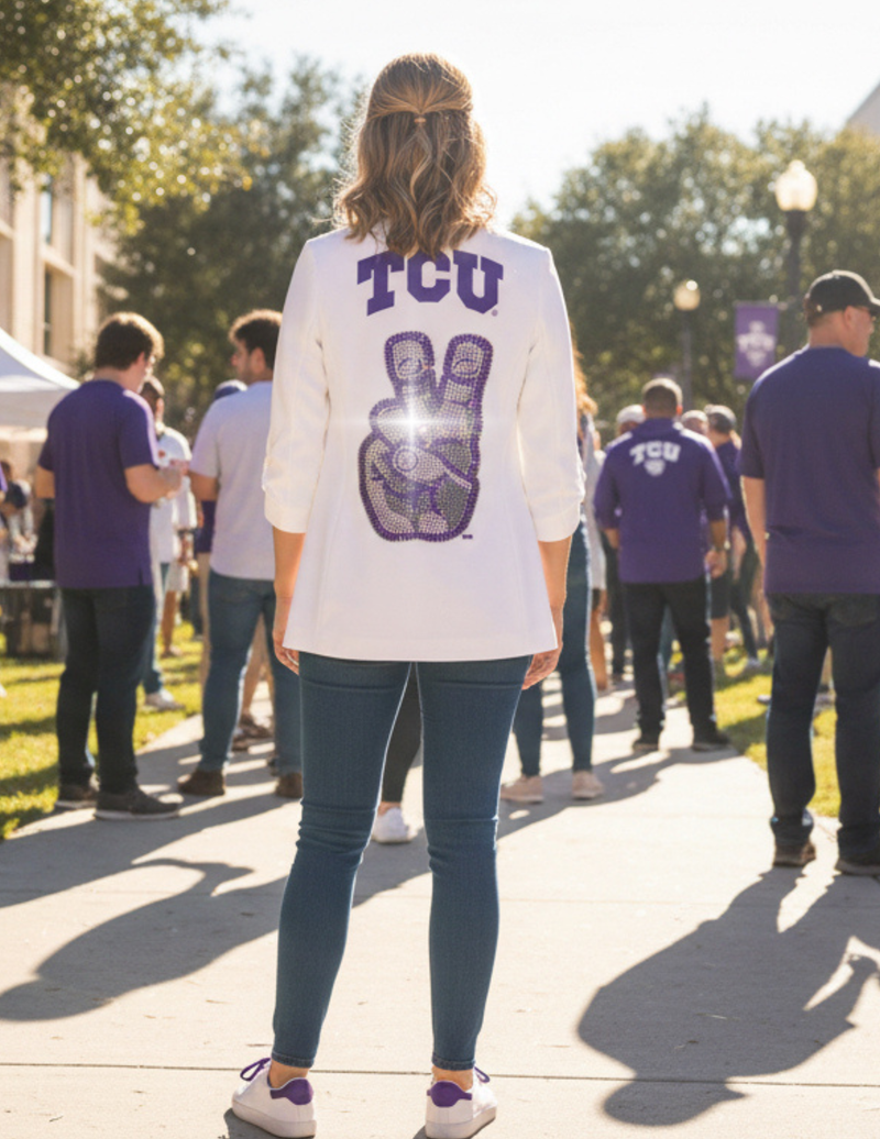 TCU Hand Mark White Ruched Sleeve Blazer
