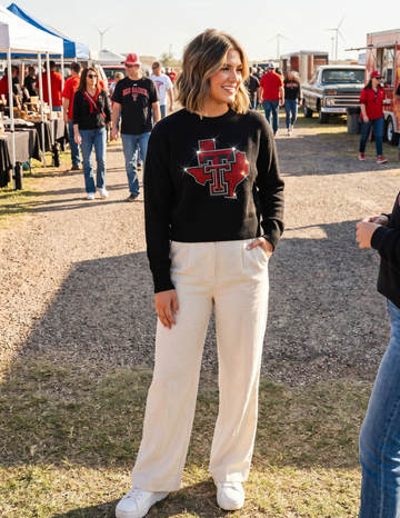 Texas Tech Double T Map Black Crewneck Sweater