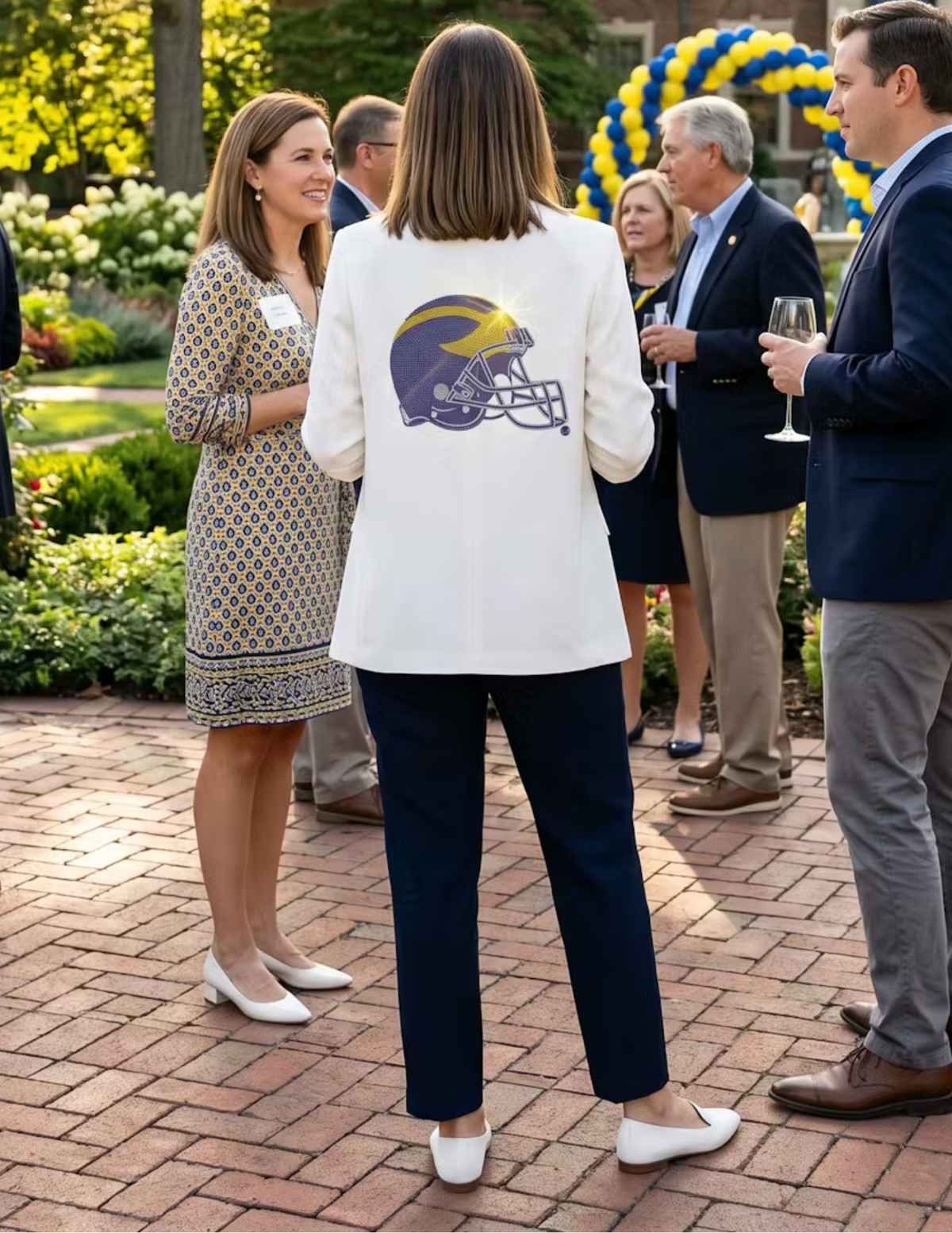 University of Michigan Helmet White Ruched Sleeve Blazer
