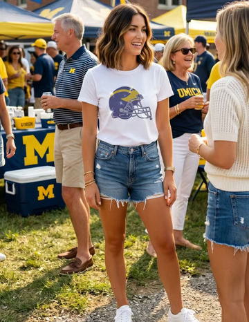 University of Michigan Helmet White Crewneck Short Sleeve T-Shirt
