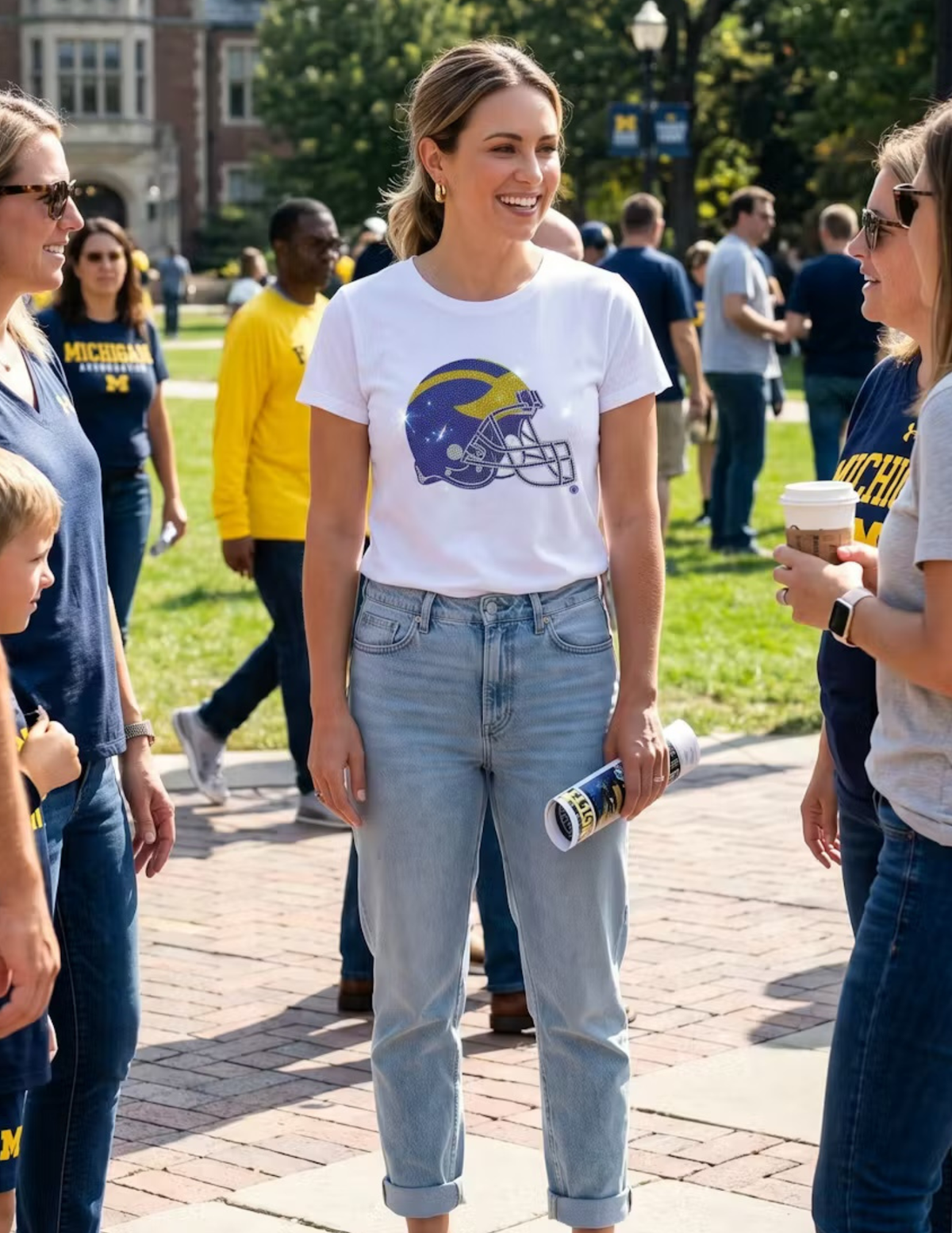 University of Michigan Helmet White Crewneck Short Sleeve T-Shirt