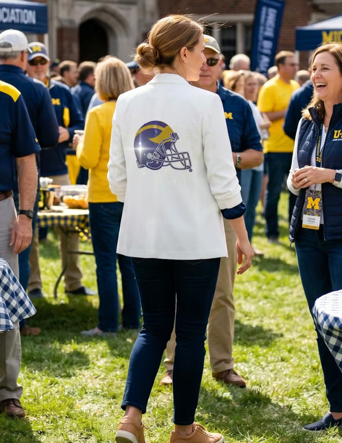 University of Michigan Helmet White Ruched Sleeve Blazer