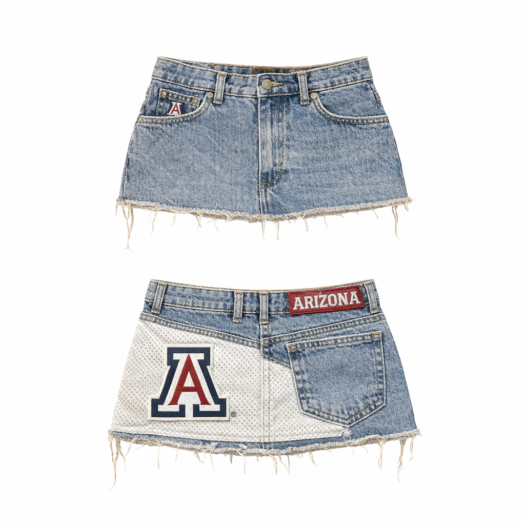 A light blue denim mini skirt shown from the front and back. The front view shows a classic denim construction with a frayed hem.