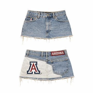 A light blue denim mini skirt shown from the front and back. The front view shows a classic denim construction with a frayed hem.