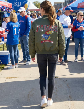 University of Kansas Jayhawks KU Kansas Army Green Bomber Jacket