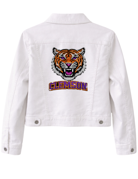 Clemson University Fierce Tiger Face Clemson White Denim Jacket