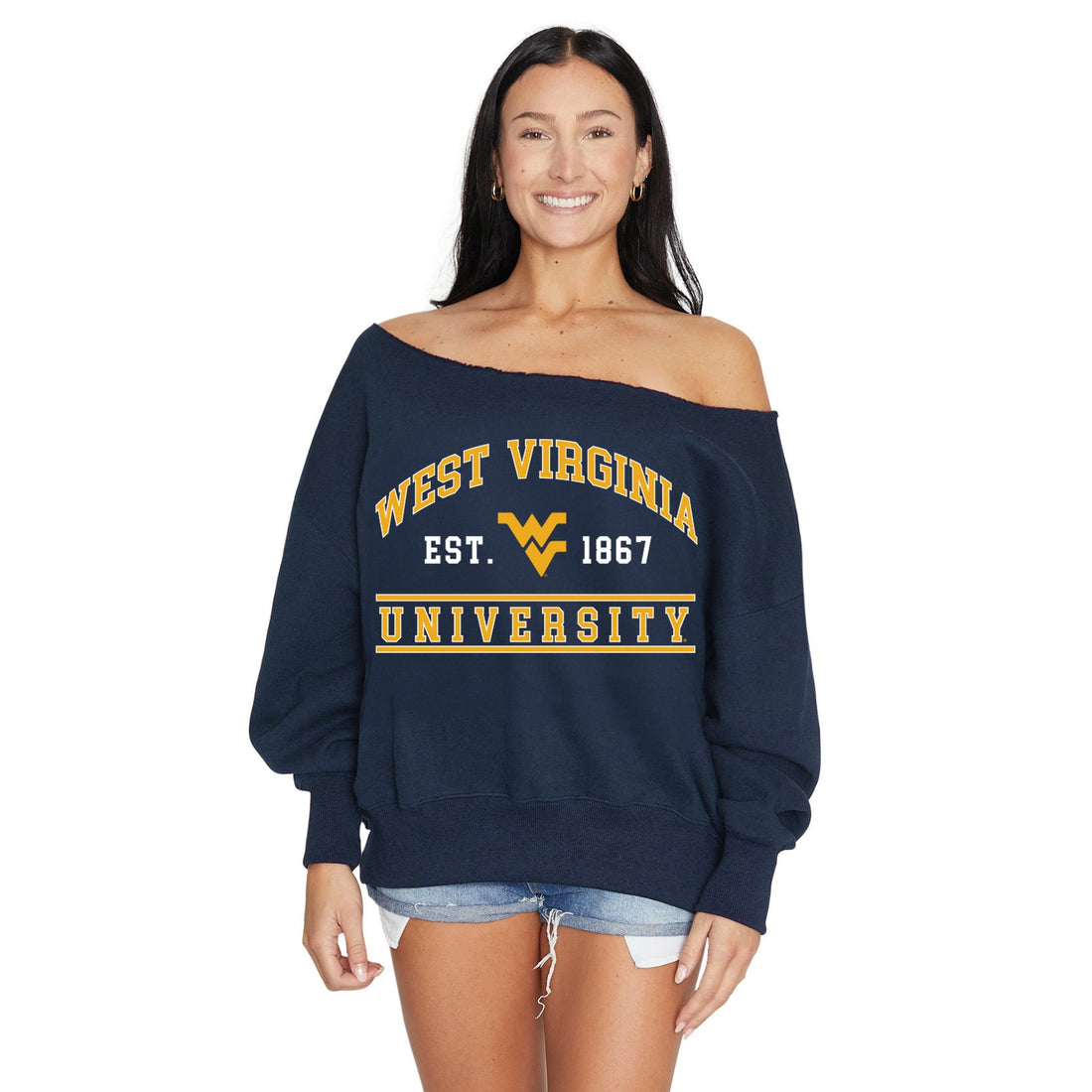 Woman wearing a navy blue off-shoulder sweatshirt with 'West Virginia University' text on a white background