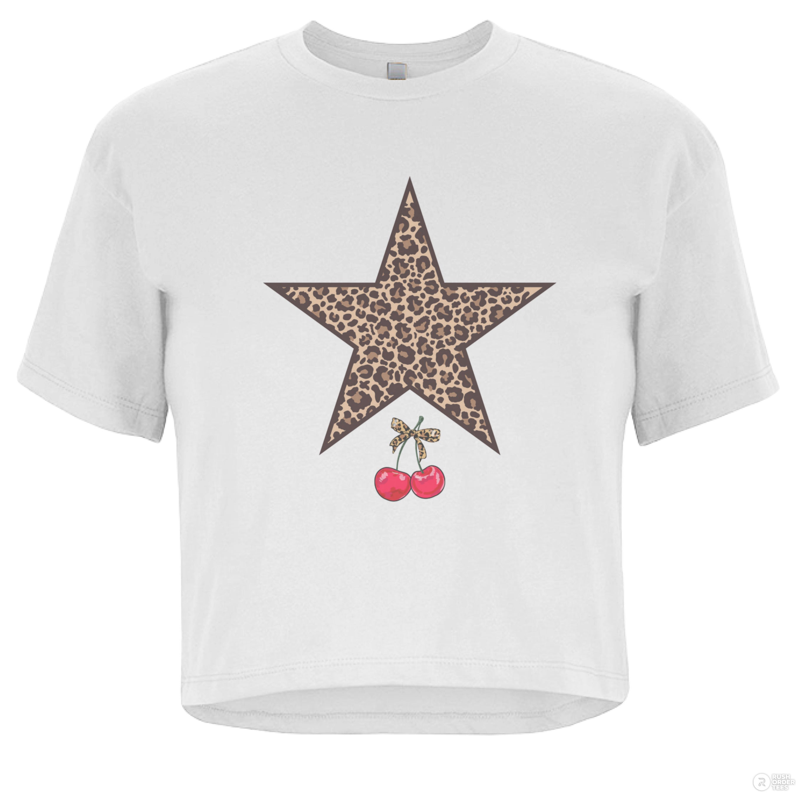White cropped tee with leopard star and cherries