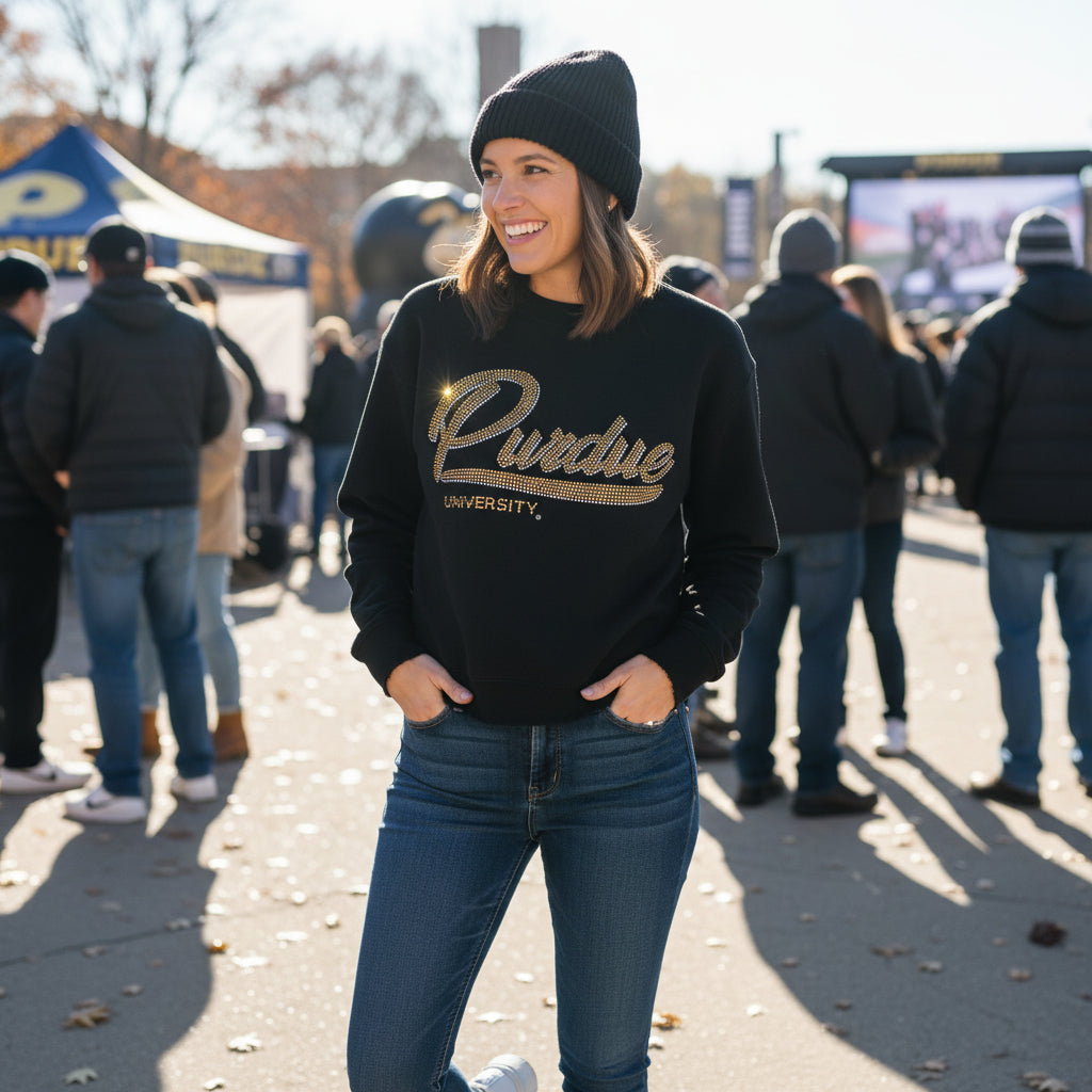 Purdue University Script Black Crewneck Sweatshirt