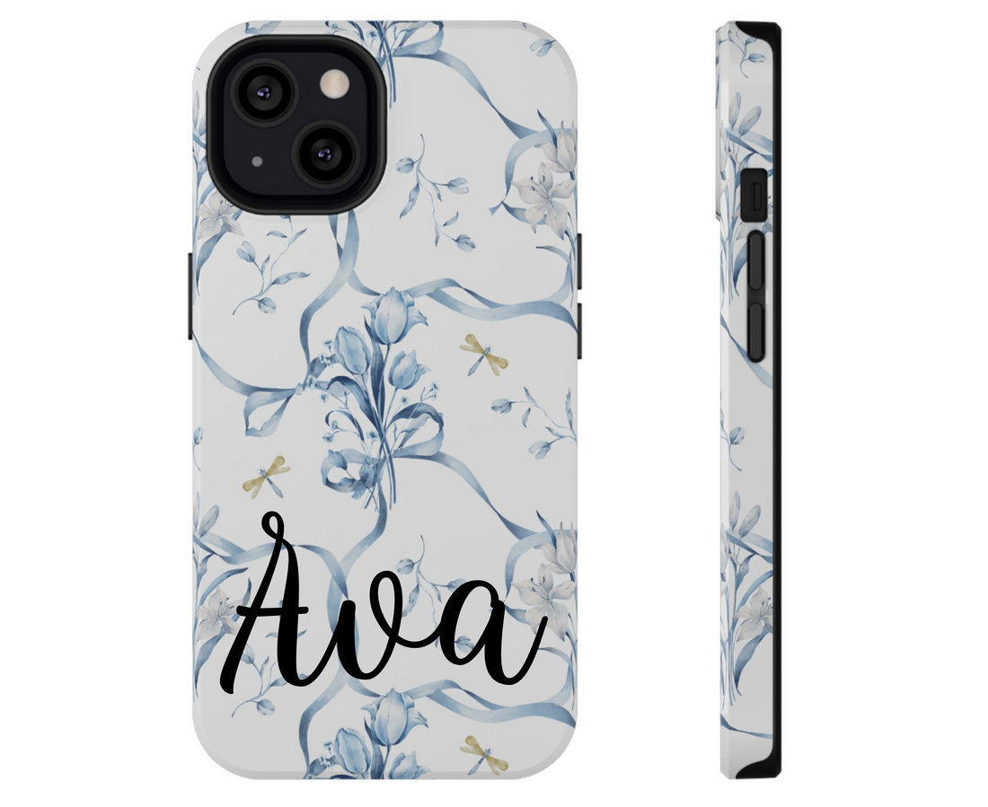 Phone case with blue floral pattern on a white background