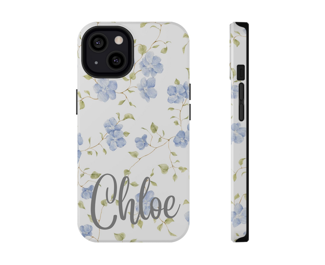 Phone case with blue floral pattern on a white background