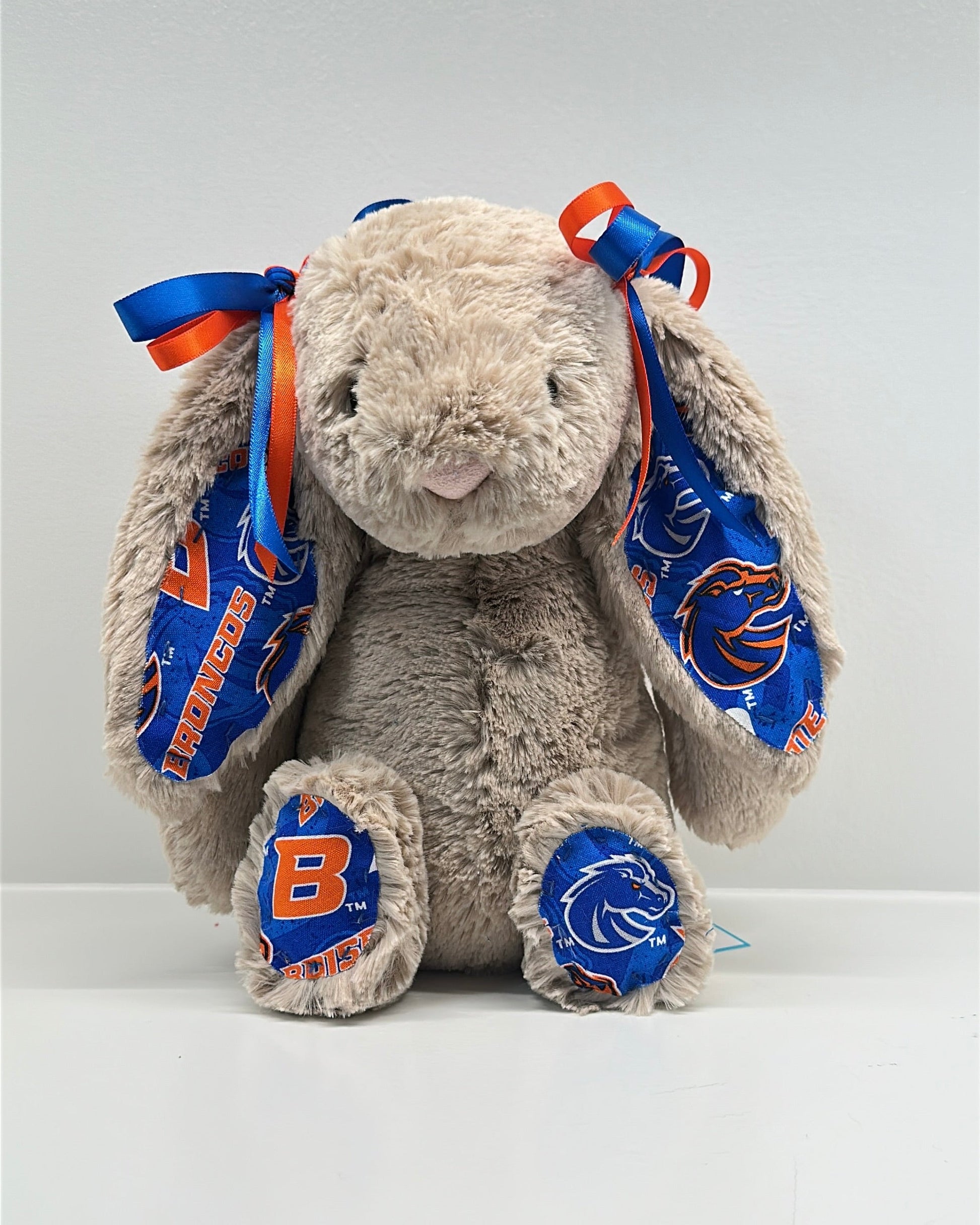 Plush bunny toy with blue and orange accents on a white background boise state