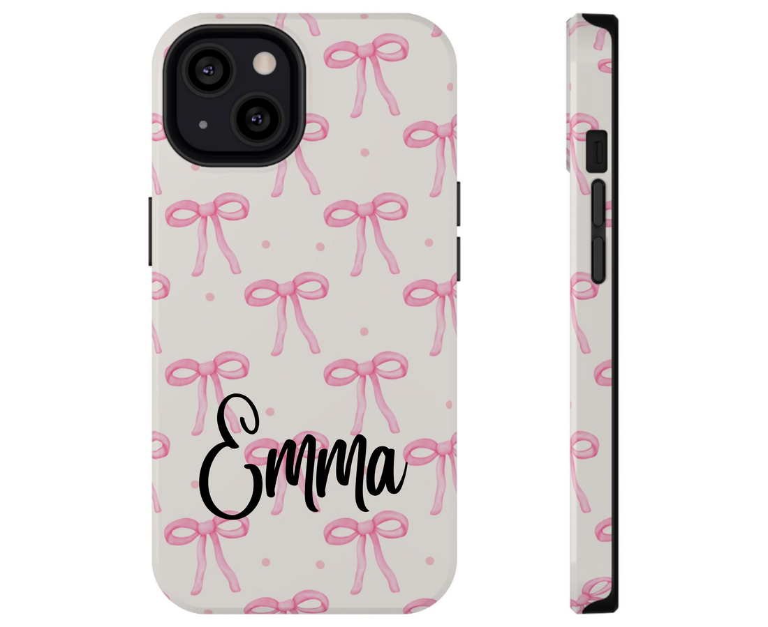Phone case with pink bow pattern on a white background