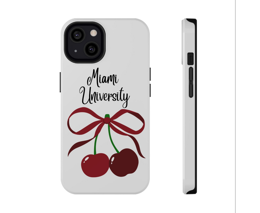 Phone case with cherries and a bow design on a white background