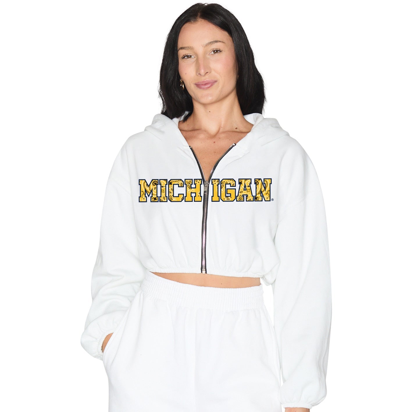 University of Michigan White Cinched Zip Up Hoodie