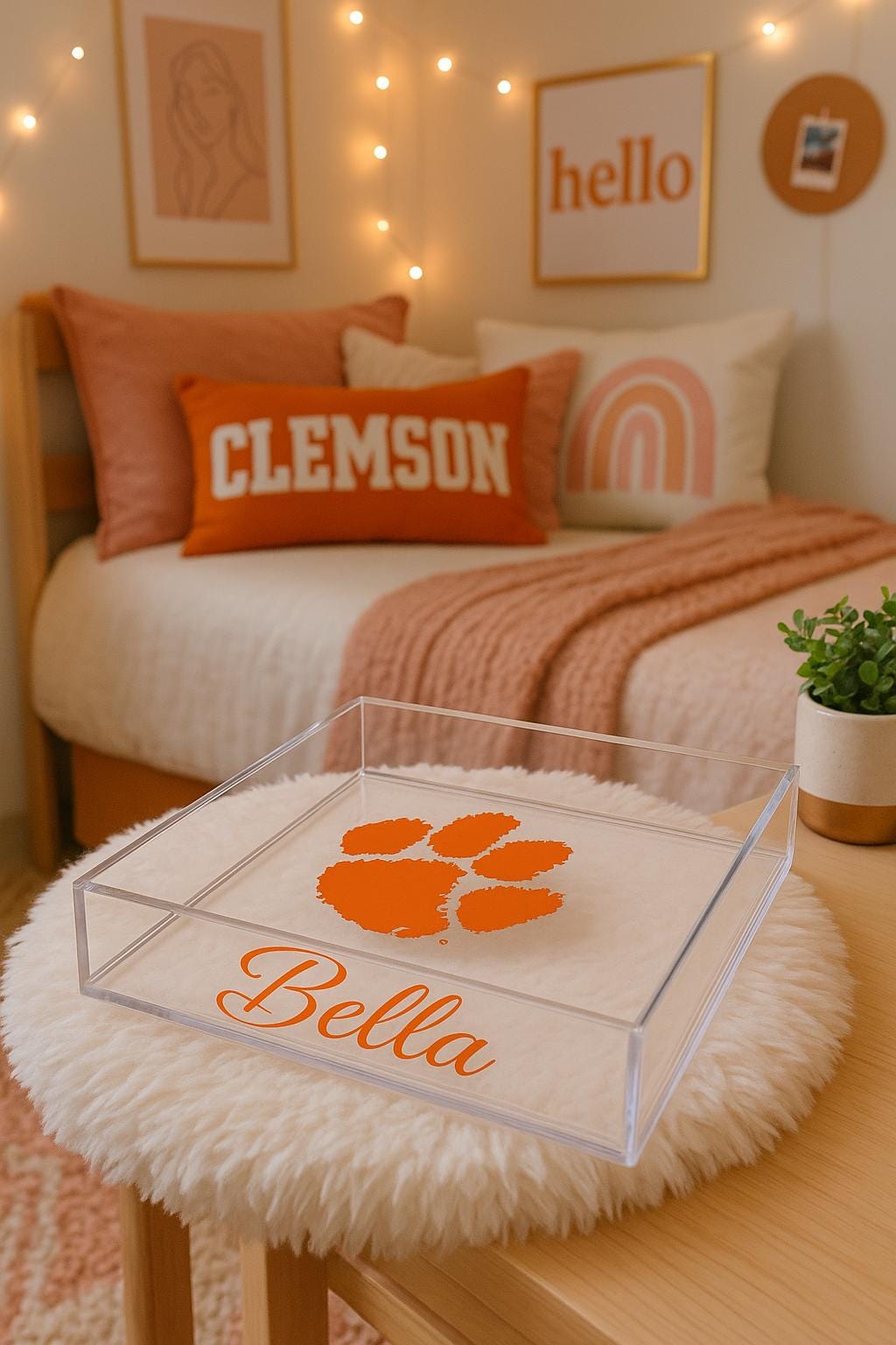 Clear box with 'Bella' and Clemson logo on a fluffy ottoman in a room with decorative pillows and string lights.