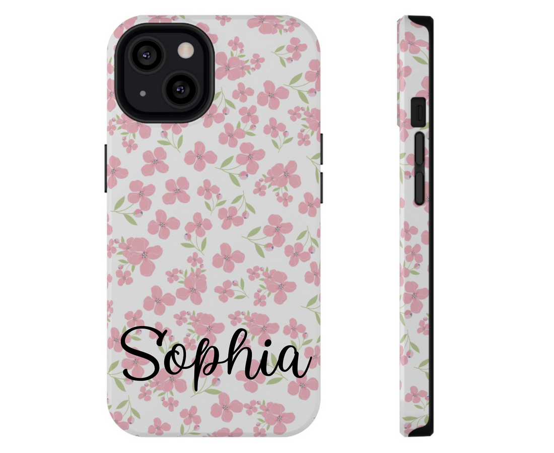 Phone case with pink floral pattern on a white background