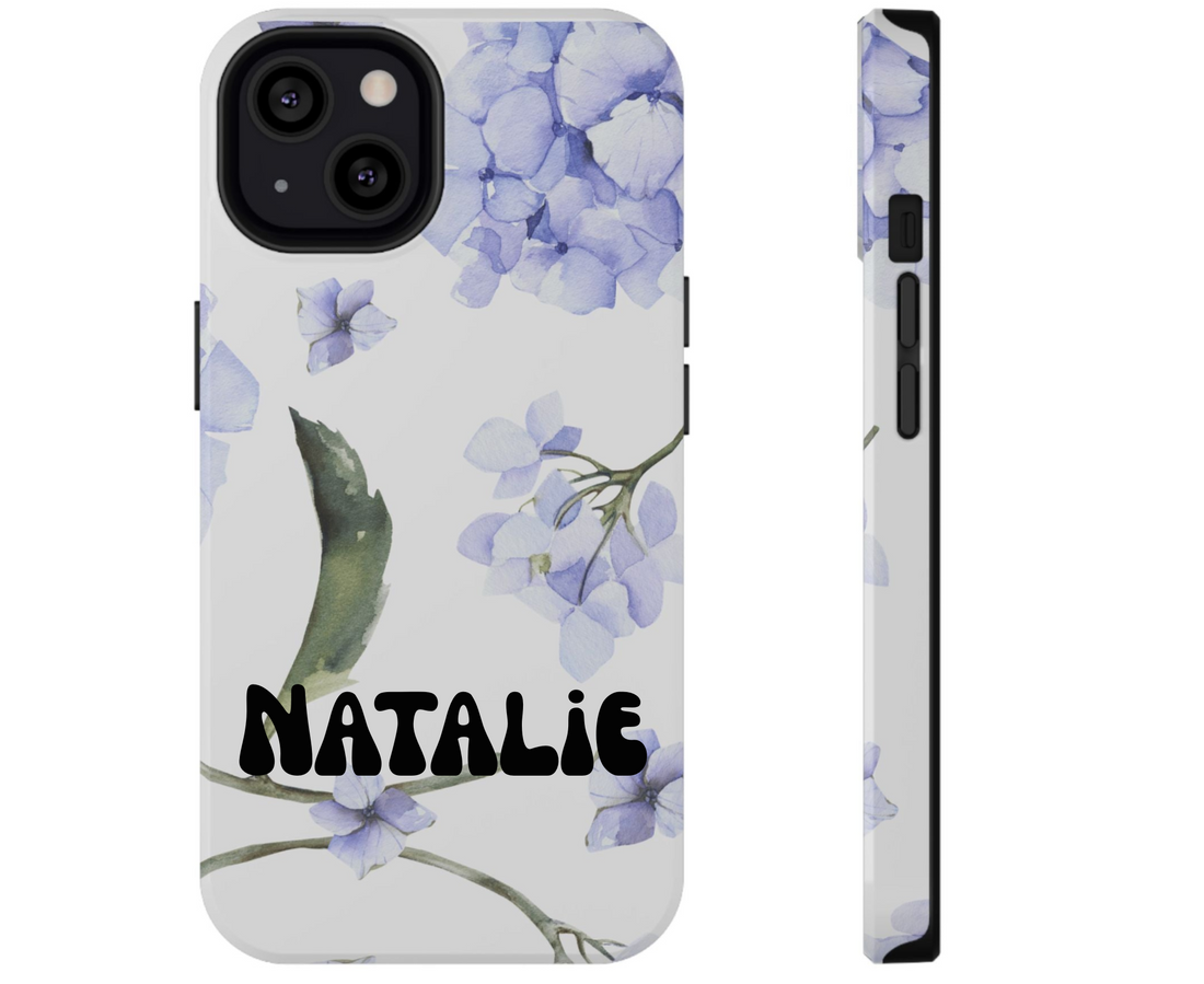 Phone case with pruple floral design on a white background