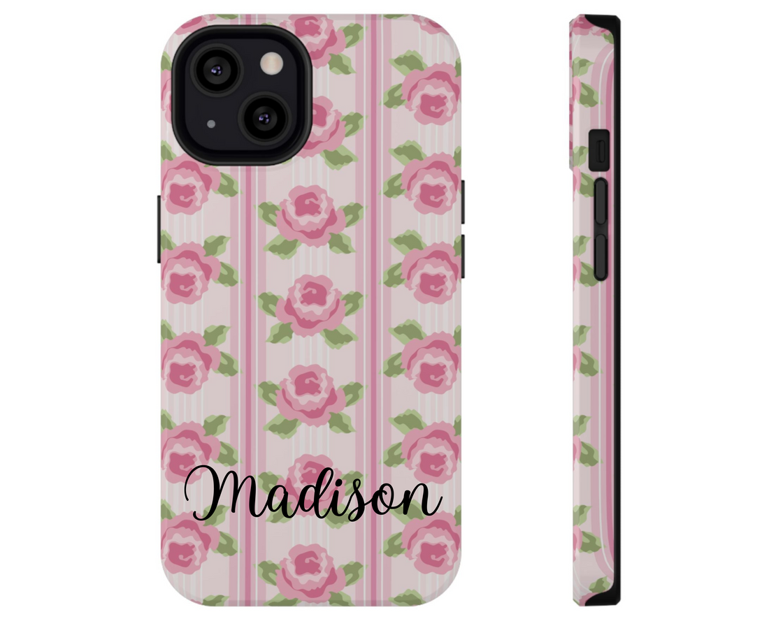 Phone case with pink floral pattern on a white background