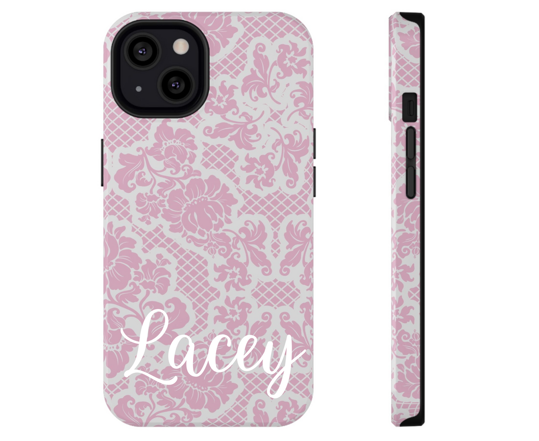 Phone case with pink floral lace pattern on a white background