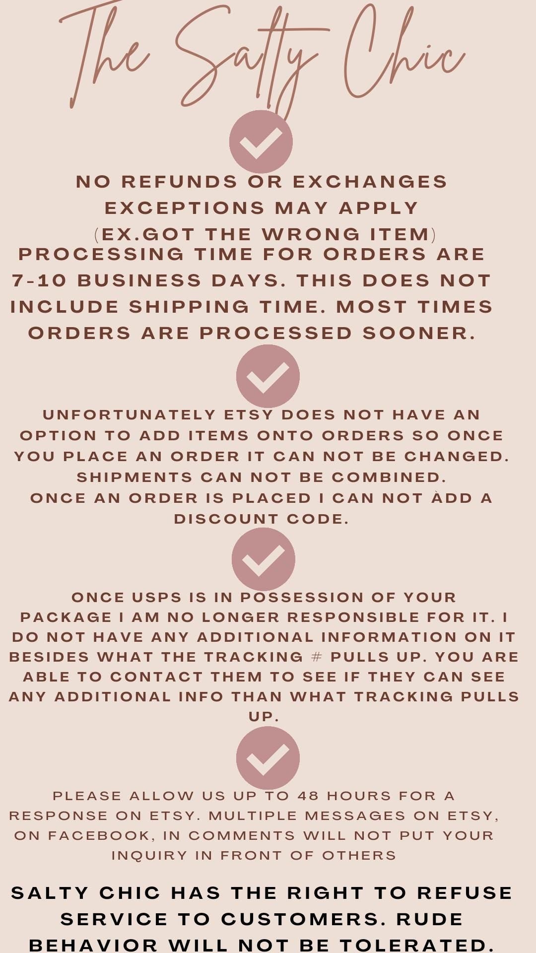 Text message from 'The Salty Chic' about refund policies and order processing on Etsy.