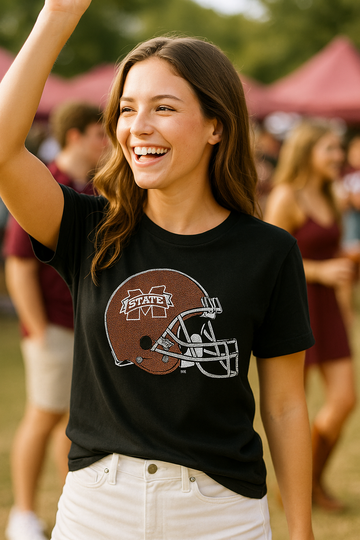 Mississippi State Helmet Black Crewneck Short Sleeve T-Shirt