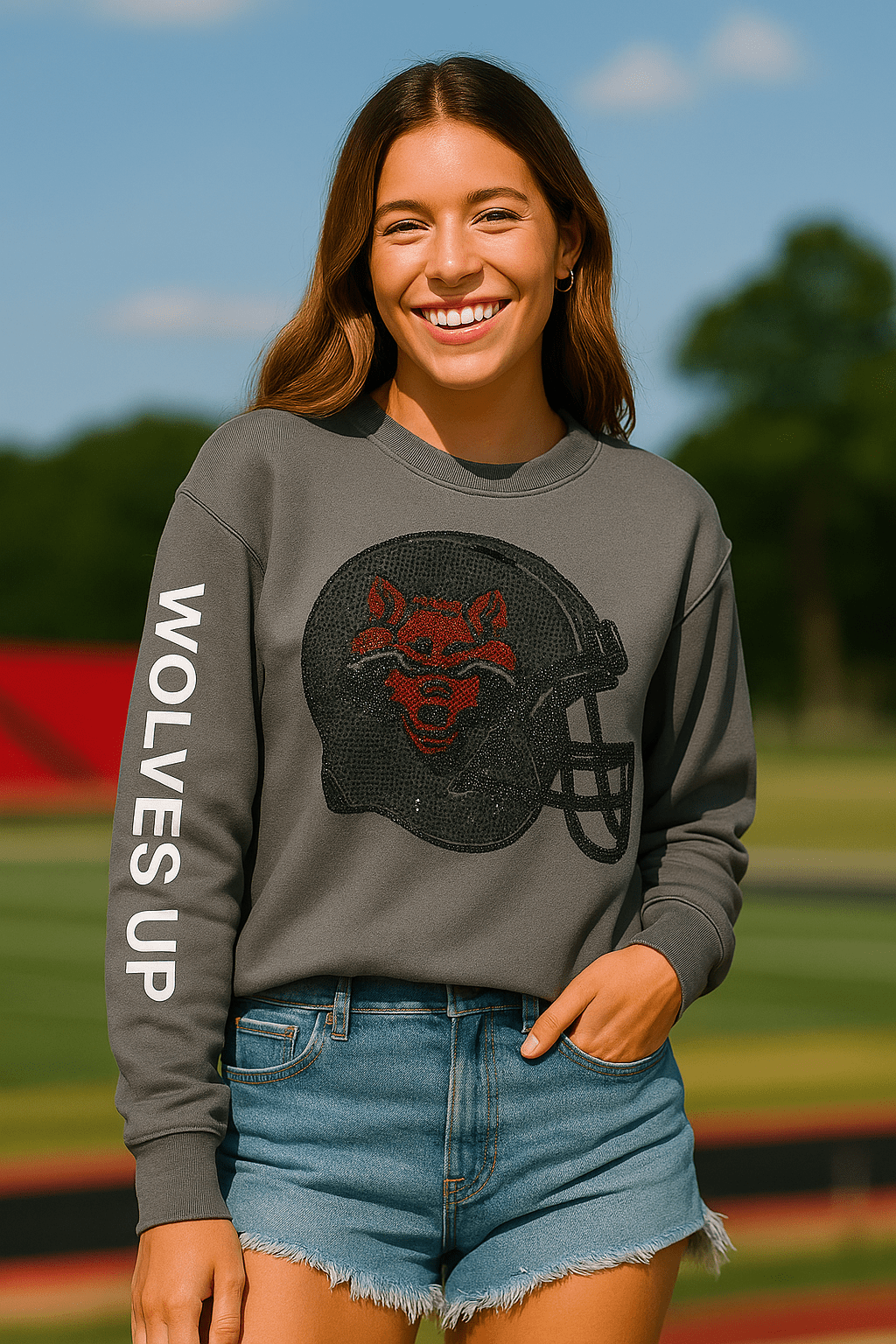 Game Day Sweatshirt, Crewneck Gray, Arkansas State Wolves Up Helmet