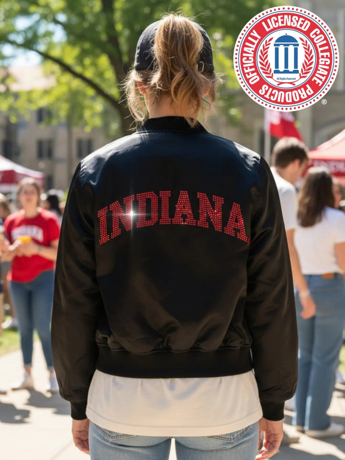 Indiana University Curved Indiana & Hoosiers Black Bomber Jacket