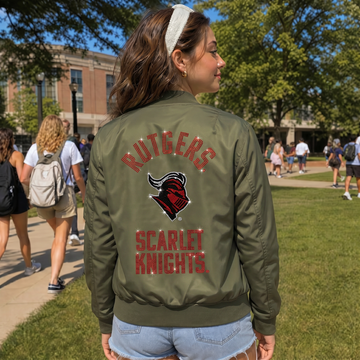 Rutgers University Scarlet Knights Knight Head Army Green Bomber Jacket