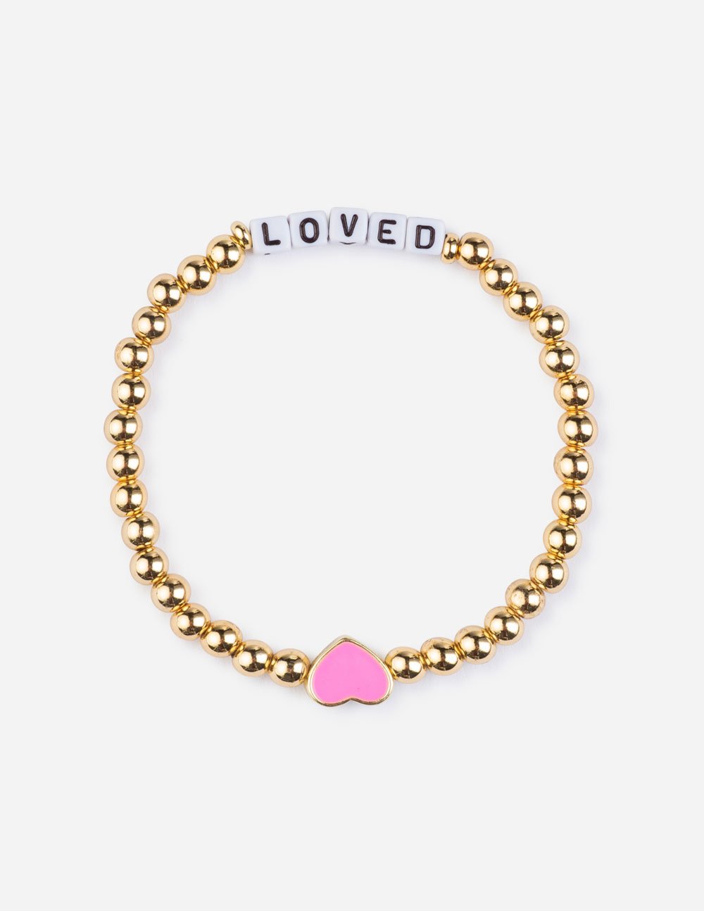 Gold beaded bracelet with a pink heart charm on a white background