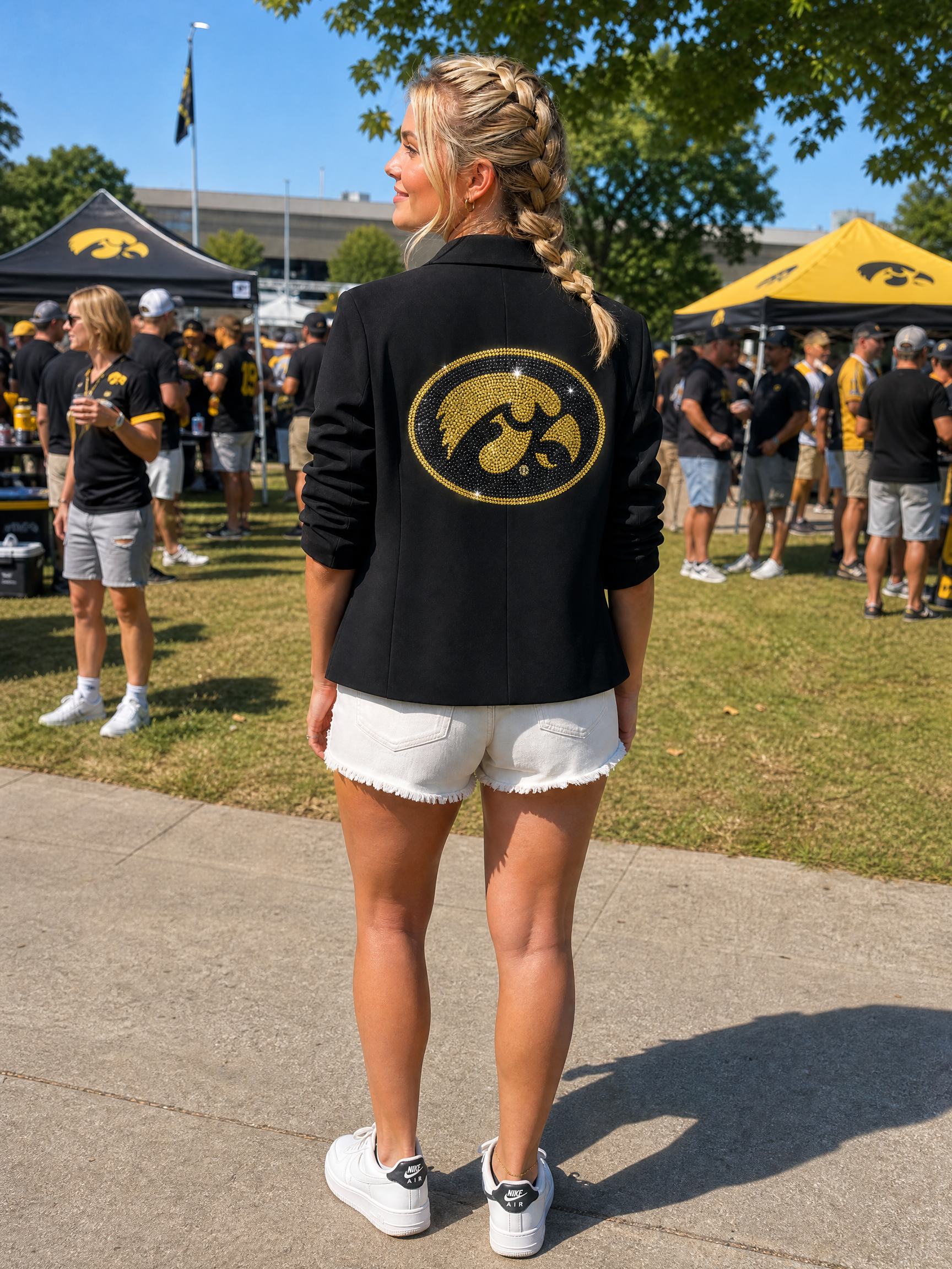 University of Iowa Oval Tigerhawk Black Ruched Sleeve Blazer
