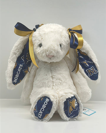 montana state university White plush bunny with blue and gold ribbons on a white background