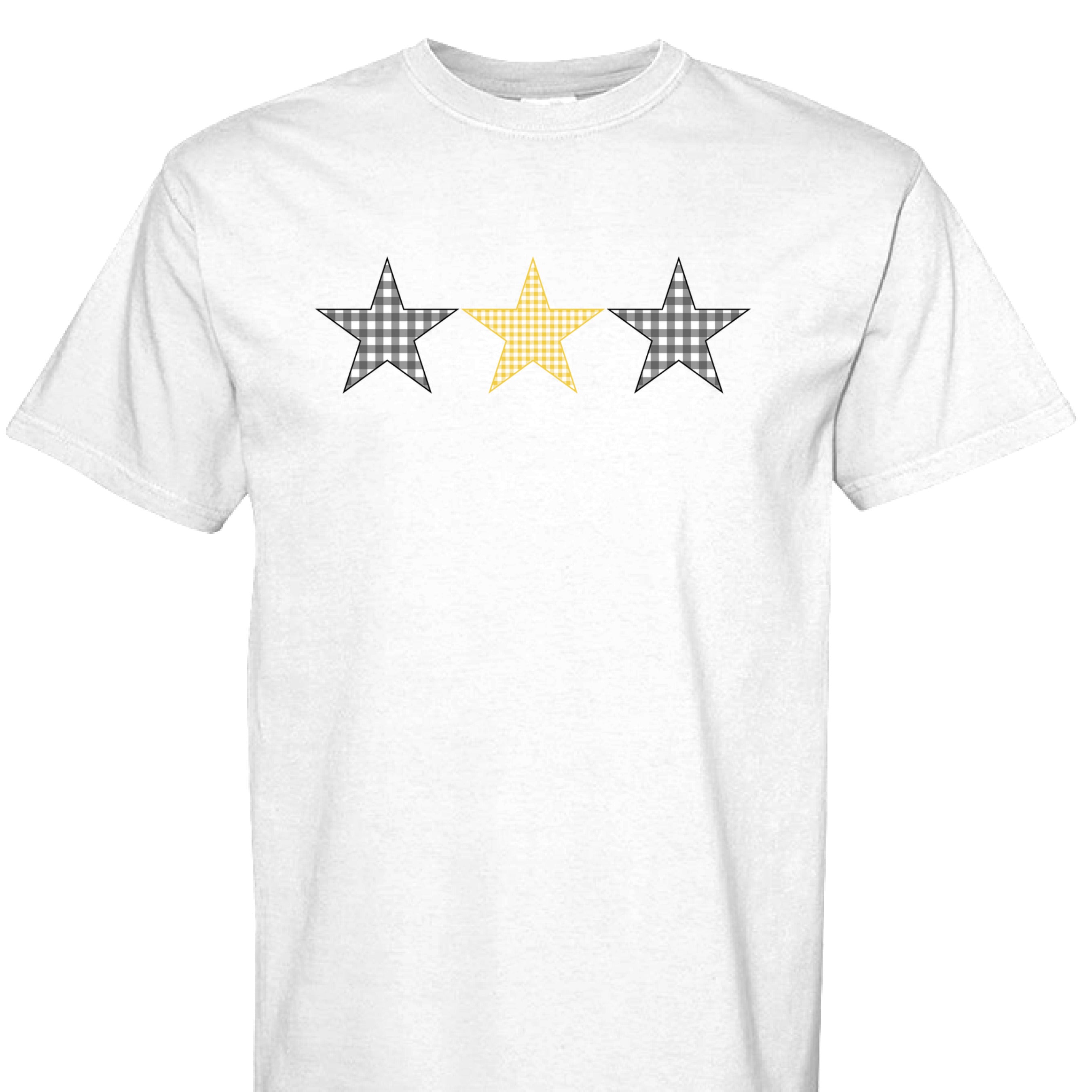  a white t-shirt with 3 gingham stars (2 black stars and one gold star) design