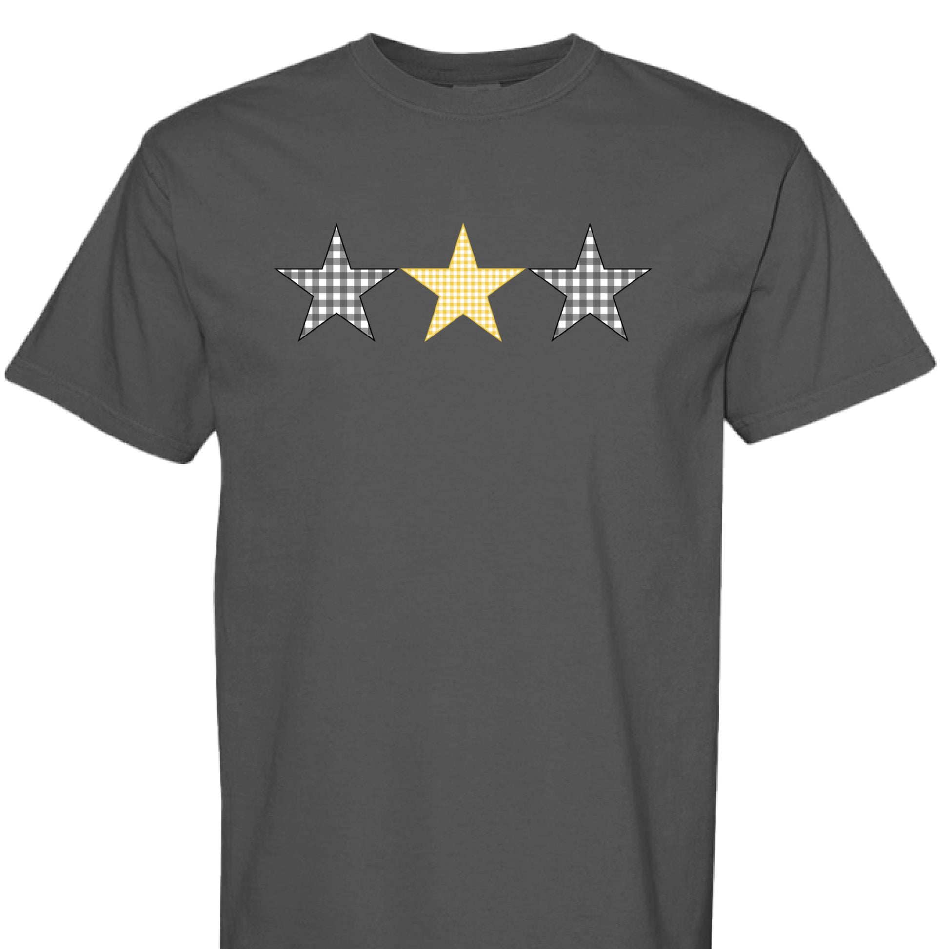 Graphite t-shirt with 3 gingham stars (2 black stars and one gold star) design