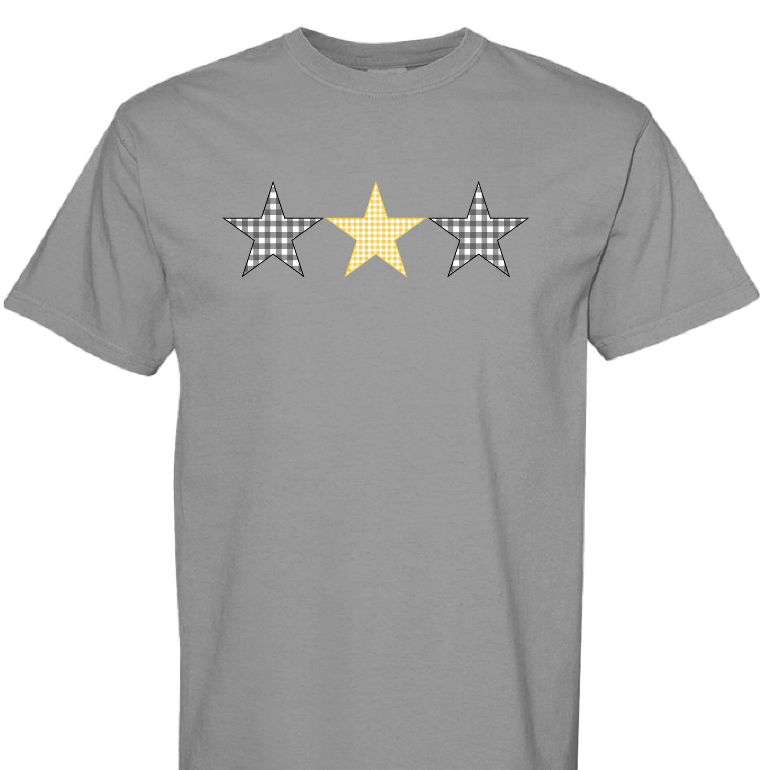 GREY  t-shirt with 3 gingham stars (2 black stars and one gold star) design