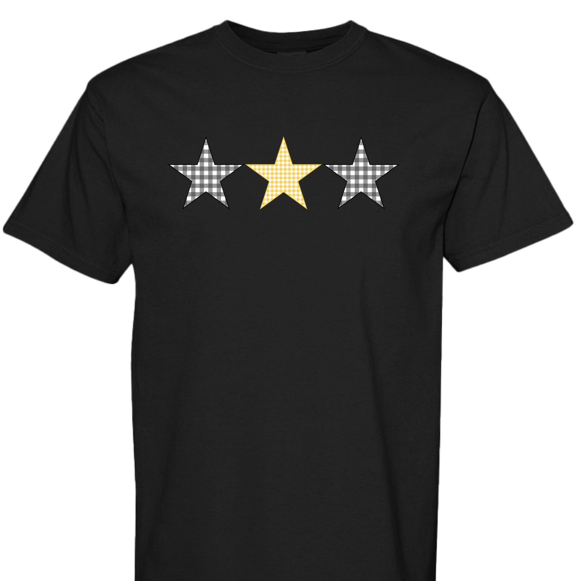 Black t-shirt with 3 gingham stars (2 black stars and one gold star) design